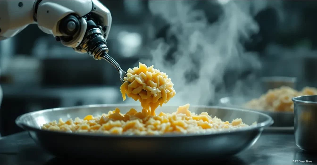 A robotic arm delicately scooping soft food—pasta, rice, or stew—from a commercial kitchen counter with perfect precision, steam rising from the dish