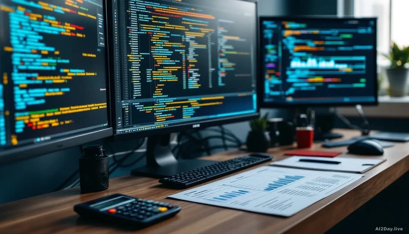 A developer's desk with multiple monitors showing dense token streams and processing metrics, with a calculator and cost spreadsheet in the foreground