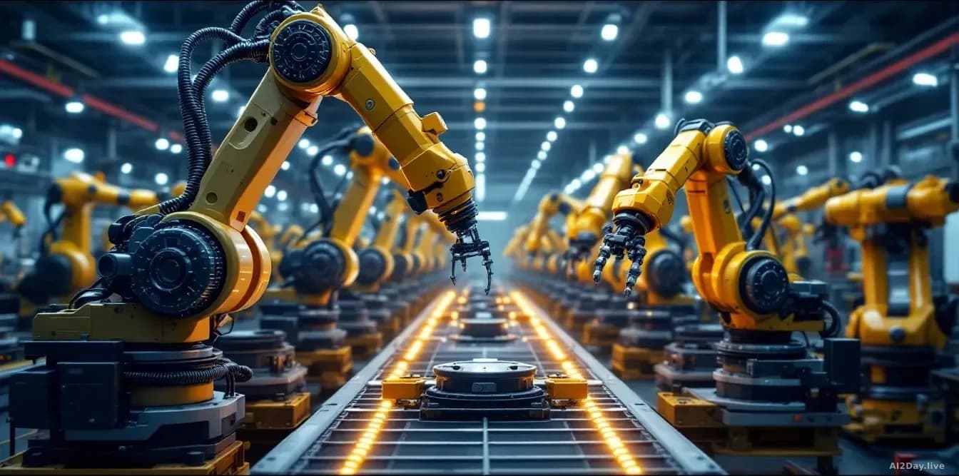 A manufacturing floor filled with industrial robotic arms of different generations—traditional mechanical units alongside newer AI-integrated systems—all workin