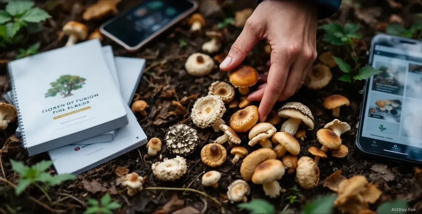 A forager's hand hovers uncertainly over mushrooms on a forest floor, with multiple identification guides and a smartphone displaying conflicting species names 