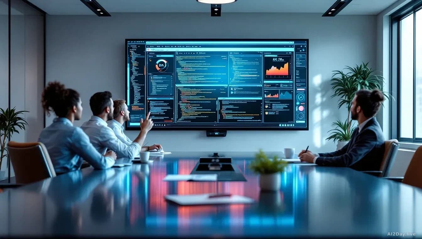 A corporate office conference room where multiple team members collaborate around a shared AI coding interface, with role-based access controls and shared sessi