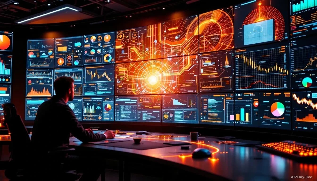 A software engineering workspace where AI code generation fills one portion of a massive collaborative display, while engineers design constraint systems and sa