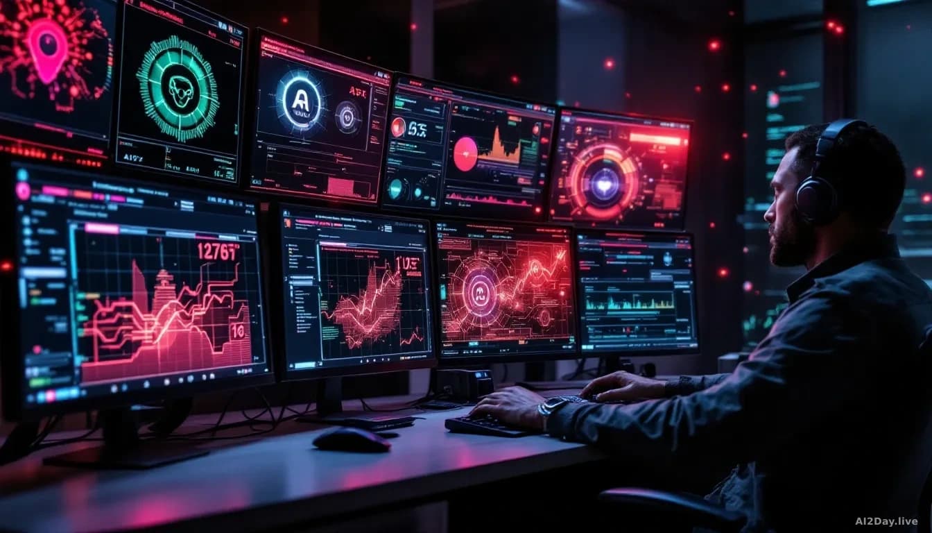 A cybersecurity operations center with multiple threat detection screens, showing AI-powered attack patterns moving faster than human-operated defense systems c