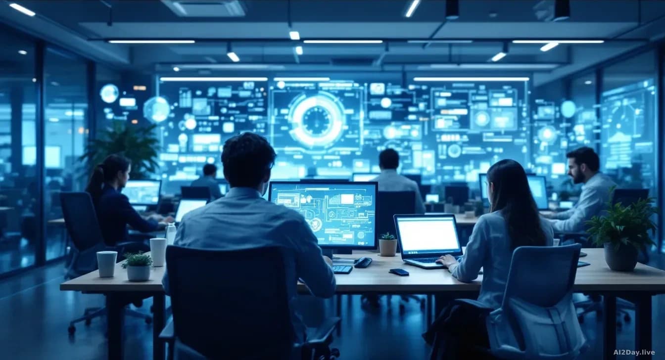 A corporate office space where workers use a new AI agent interface projected on multiple surfaces simultaneously, showing significantly more computational acti