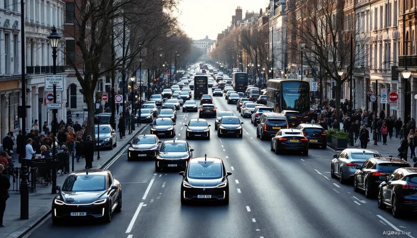 A London street scene at day with a small number of sleek autonomous vehicles (exactly 15) visible among dense regular traffic, creating a sense of scarcity ami
