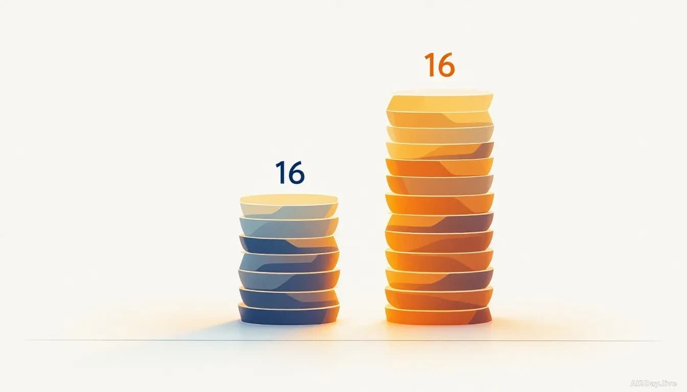 Abstract editorial illustration: two rising bar-chart columns side by side, one small labelled 3, one much taller labelled 16, rendered as stacks of translucent