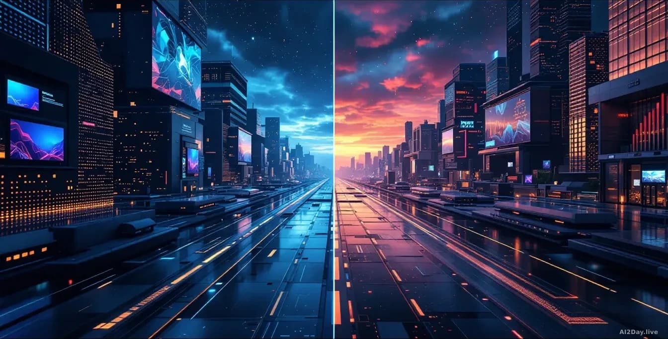 Two contrasting technology stacks side by side—one ornate and expensive-looking on the left, one minimal and elegant on the right—with the right side subtly out