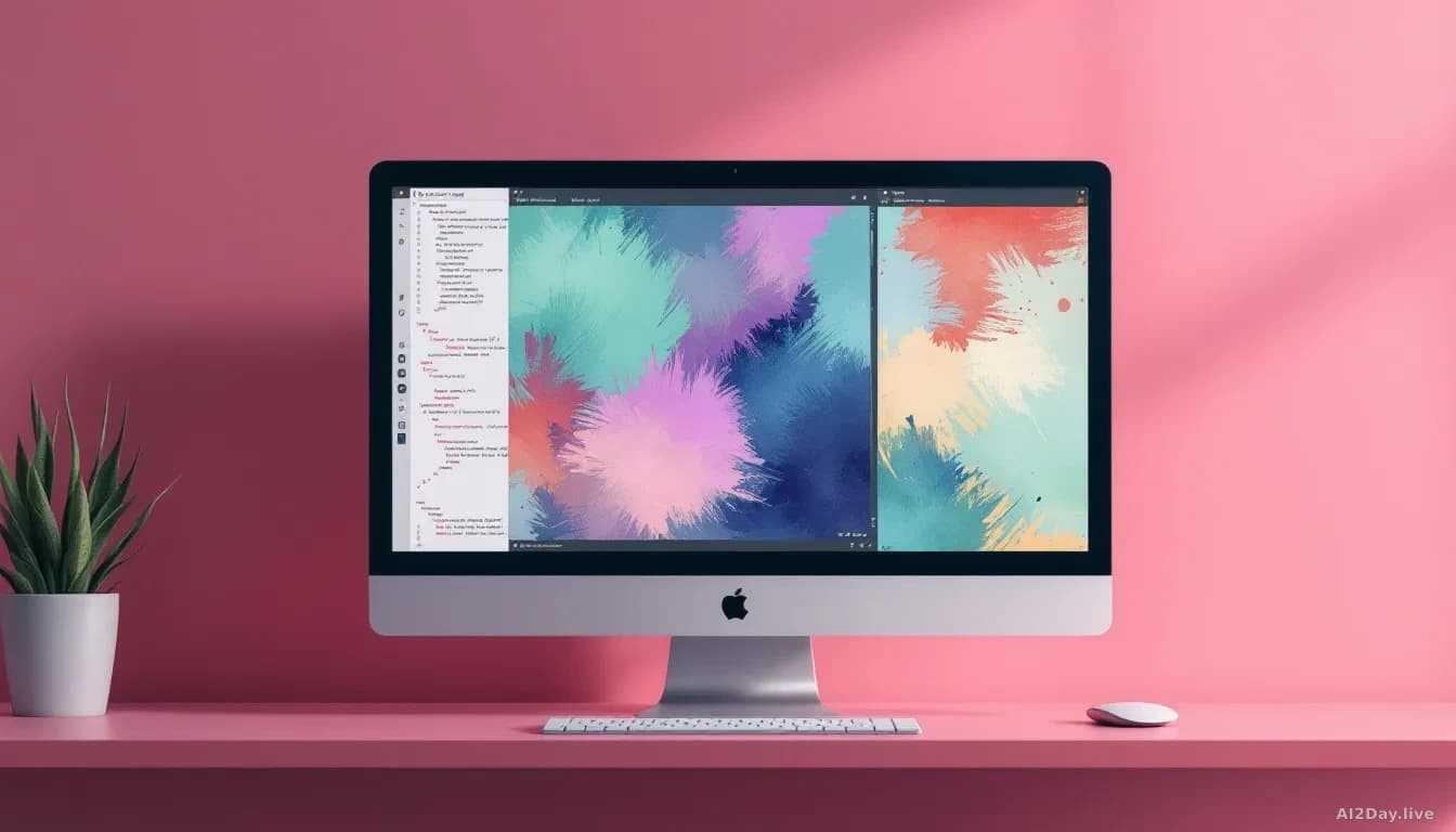 A computer monitor displaying loose, flowing watercolor brushstrokes rendered through code, with JavaScript code visible in a code editor window beside it