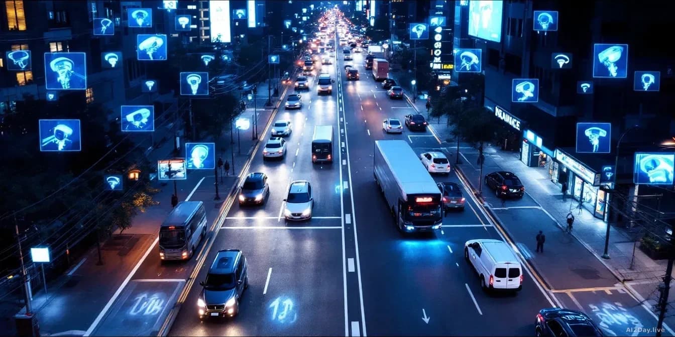 A dense urban street scene at night with multiple surveillance camera feeds overlaid on a control room monitor, showing expanded search parameters beyond vehicl