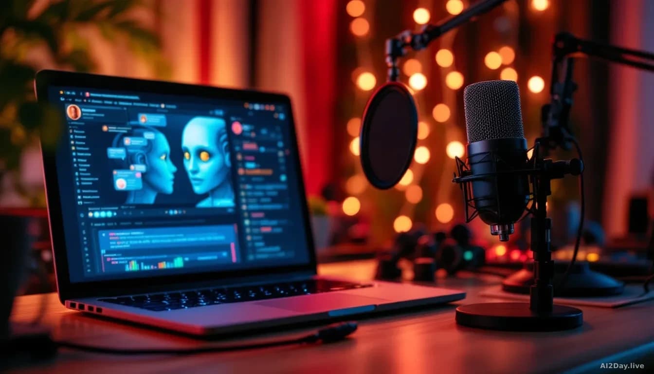 A podcasting studio setup with a microphone and mixing board, alongside a laptop screen displaying AI chatbot interface, creating visual tension between human a