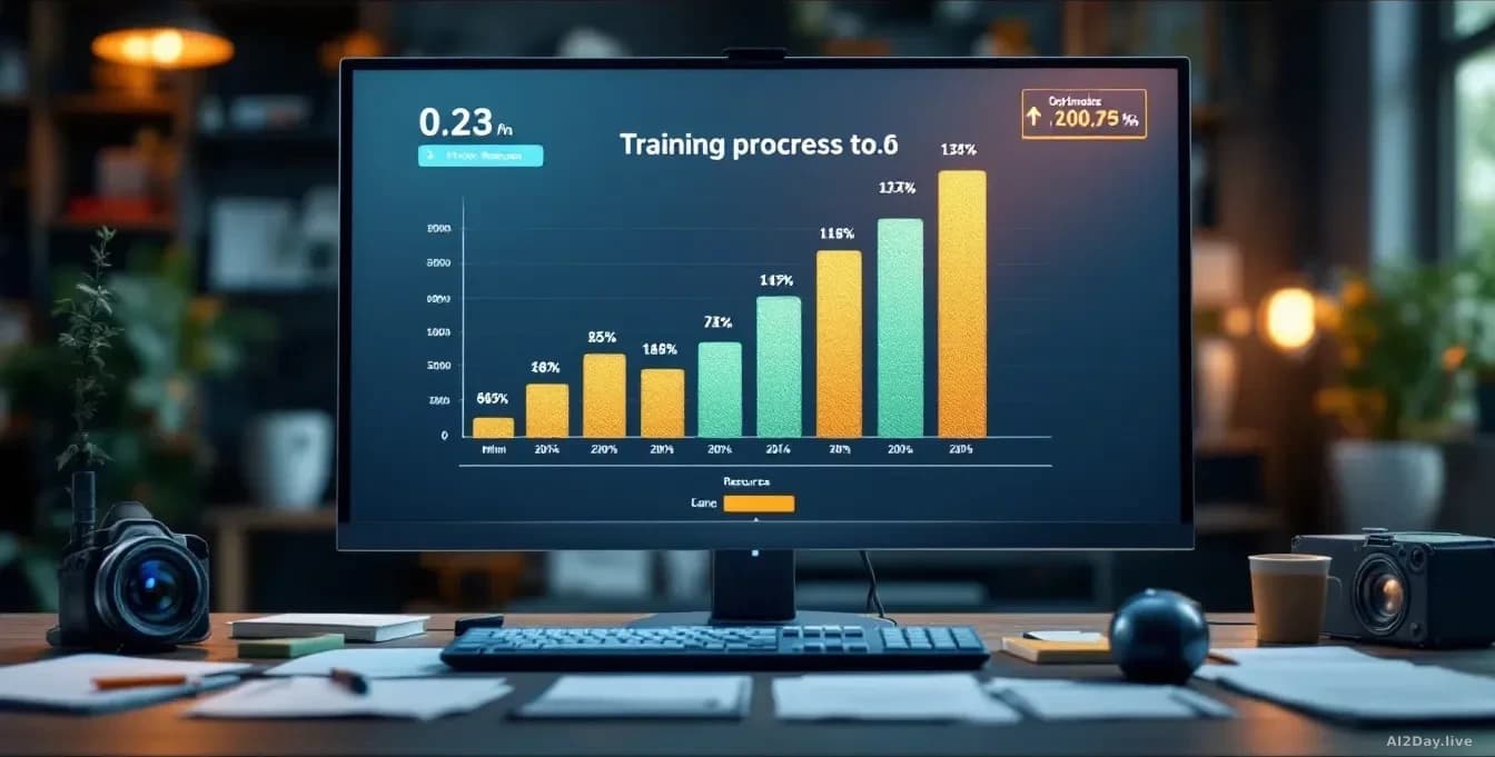 A training progress visualization displayed on a monitor, with minimal resource indicators climbing steadily upward, surrounded by scattered notes about optimiz
