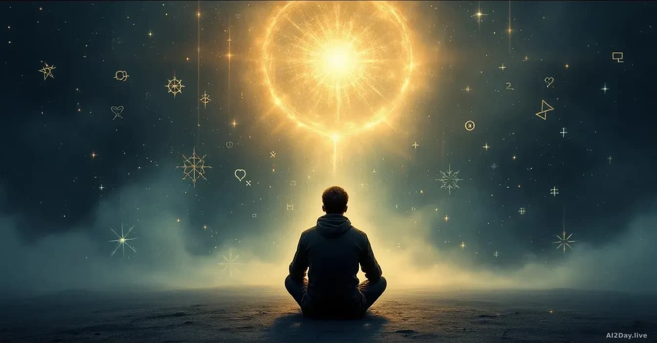 A person sitting alone in contemplation, surrounded by ethereal glowing text and abstract symbols floating in the air around them, suggesting spiritual or mysti
