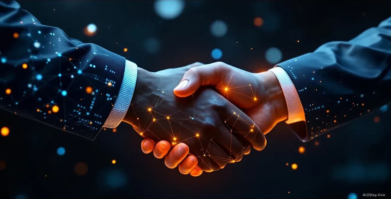 A handshake moment between two abstract corporate entities represented by glowing geometric shapes and connection nodes, suspended in a dark space filled with f