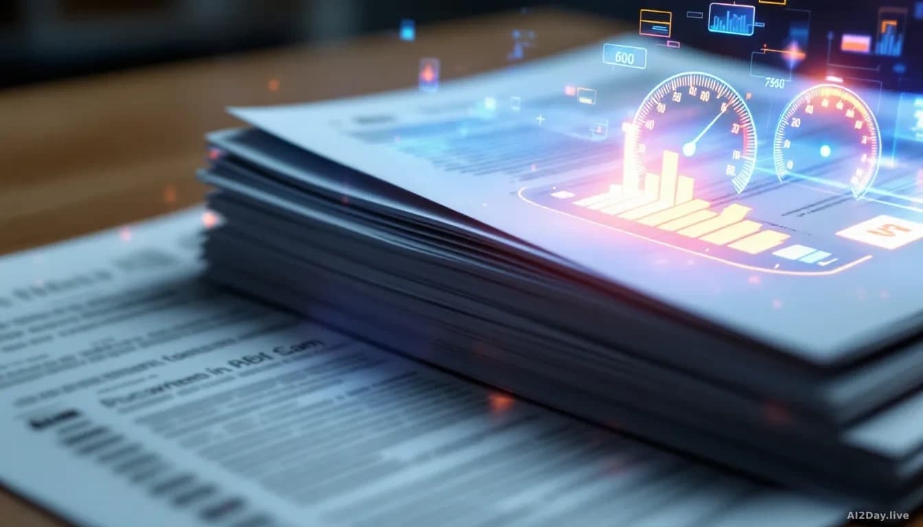 A stack of document pages spreads across a workspace with digital scanning overlays and speed-gauge graphics floating above them, showing rapid processing in re