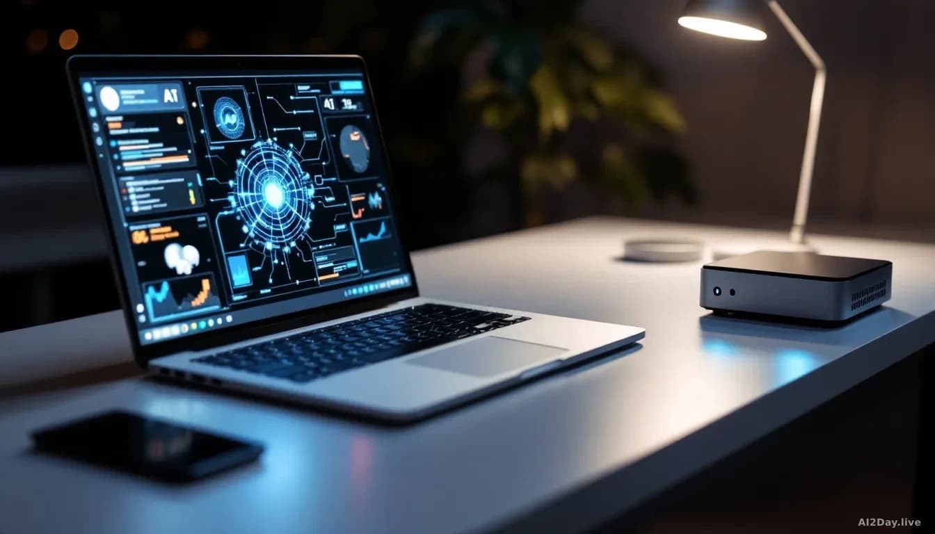 A sleek laptop and compact mini PC sit side by side on a minimalist desk, their screens glowing with neural network visualizations and AI processing indicators,