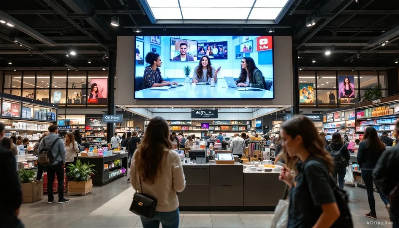 Illustration: Retail department store environment with product displays and a large video screen showing a YouTube-