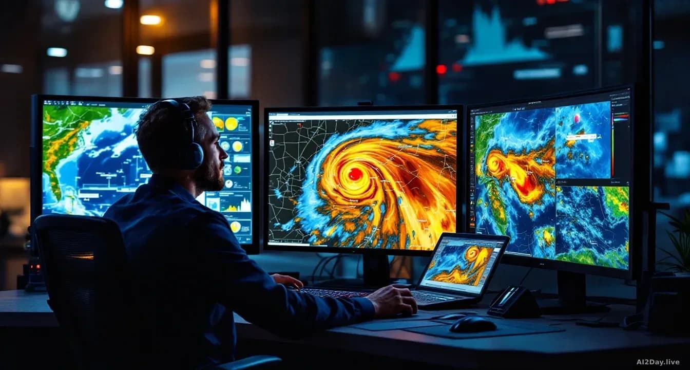 Meteorologist at workstation studying real-time satellite weather imagery on multiple monitors, rain radar precipitation patterns displayed prominently, weather