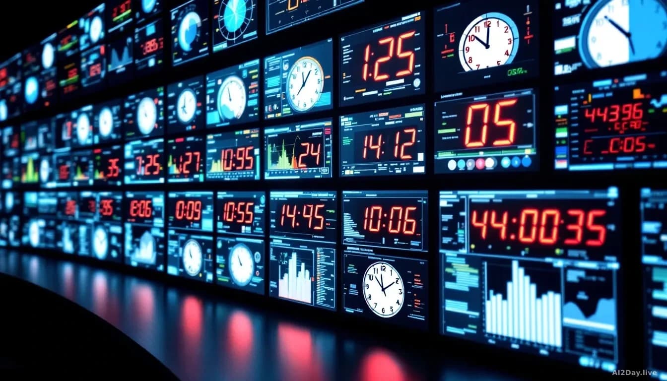 Digital monitoring centre with multiple screens showing status indicators all turning red simultaneously, time displays showing the same hour on multiple clocks