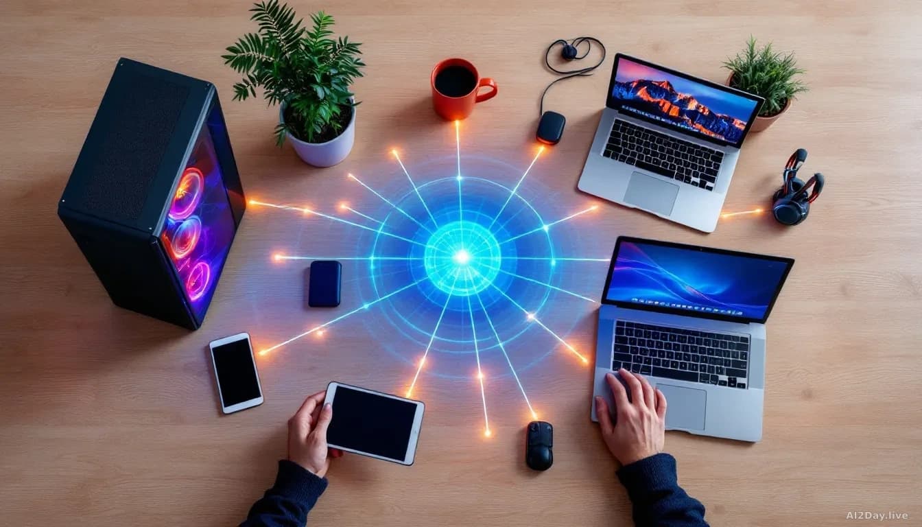 Home setup with multiple devices: laptop, gaming PC, tablet, and MacBook arranged in a circle with glowing connection lines between them, representing shared co