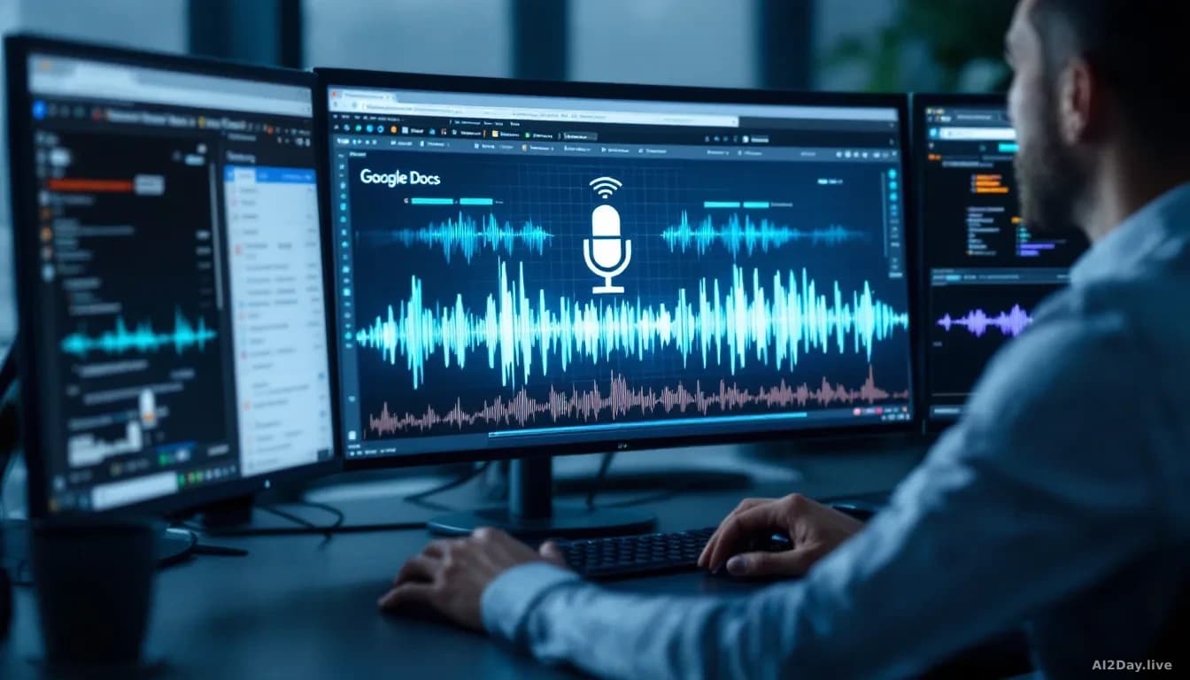 Person at desk using voice commands with a microphone icon displayed, Gmail and Google Docs interfaces visible on multiple monitors, voice waveforms animating a