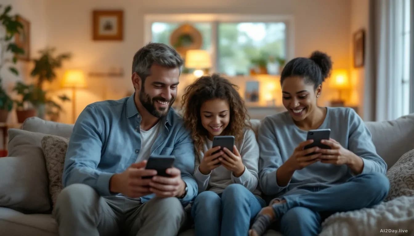 Residential home interior with family members using various smart devices, privacy lock icons and security badges subtly visible on screens, warm ambient lighti