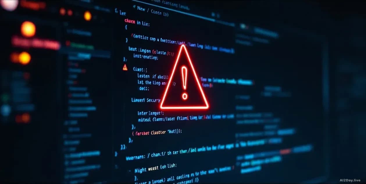 Computer screen displaying command line interface with warning symbols and security alerts, dark theme background, hacker-style coding visible on monitor