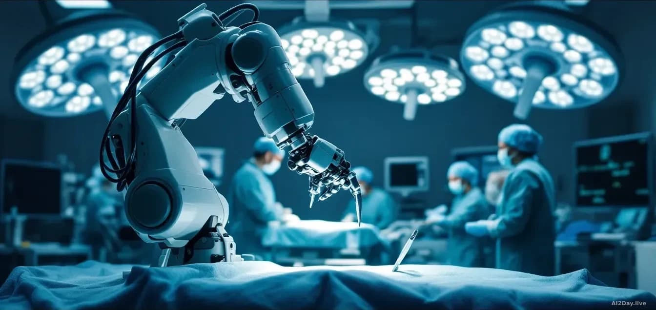 Illustration: Advanced surgical robotic arm in a hospital operating theatre with overhead