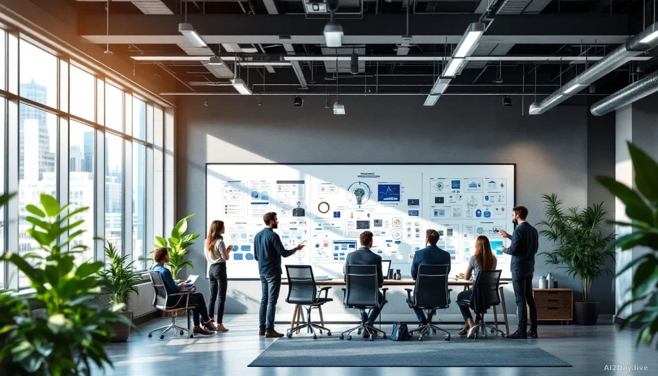 Modern startup office space with collaborative work areas, large windows with city views, team members in discussion around whiteboards covered in AI research d