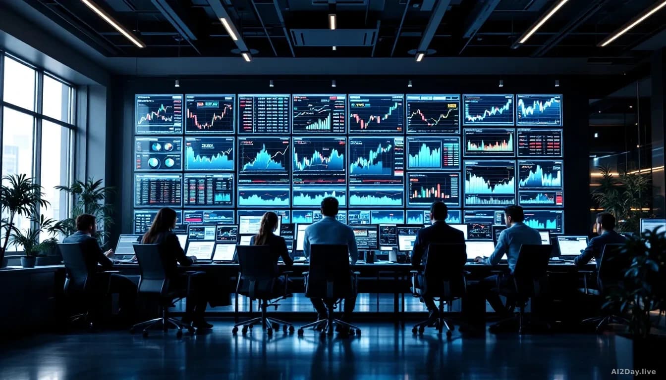 Modern financial office with trading floor energy: multiple screens displaying stock market data and financial charts, professional analysts in discussion, grap