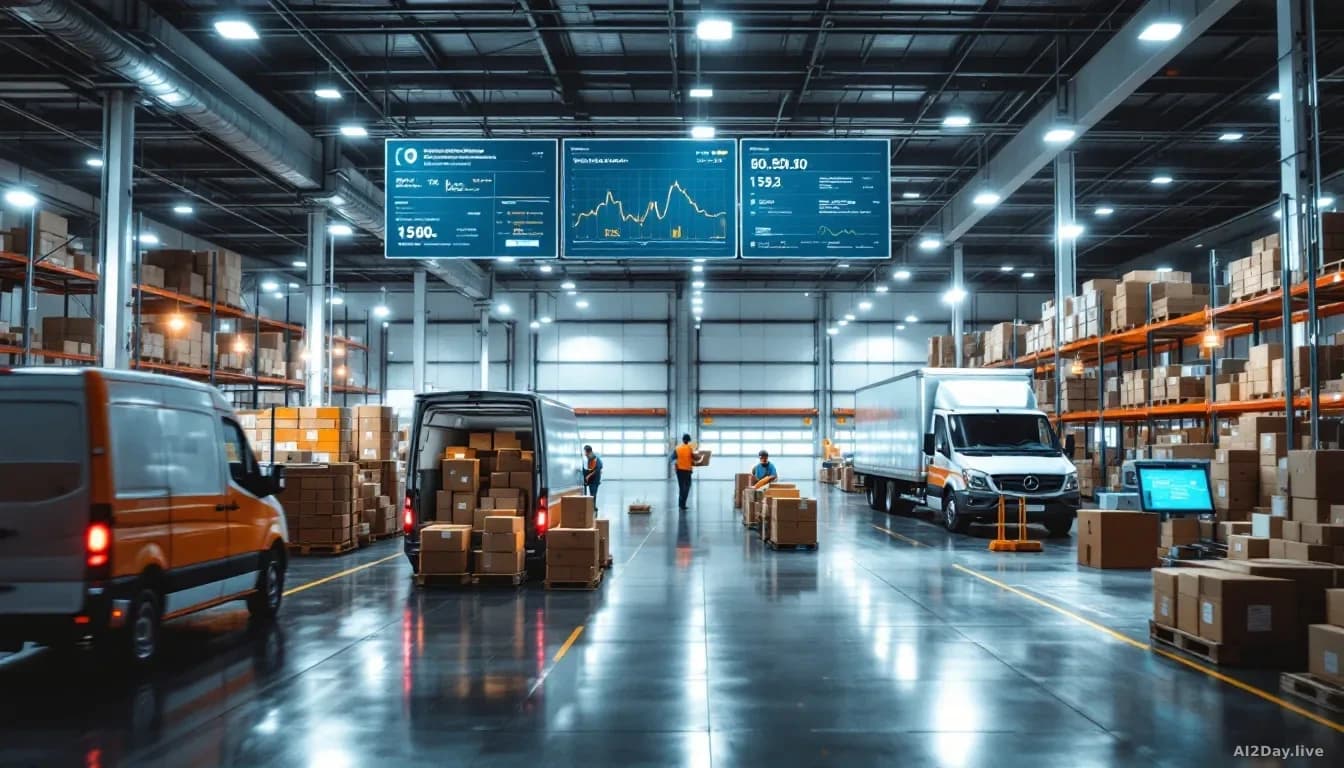 Logistics distribution centre with delivery vehicles being loaded, warehouse workers organizing packages, real-time routing displays mounted on walls showing op