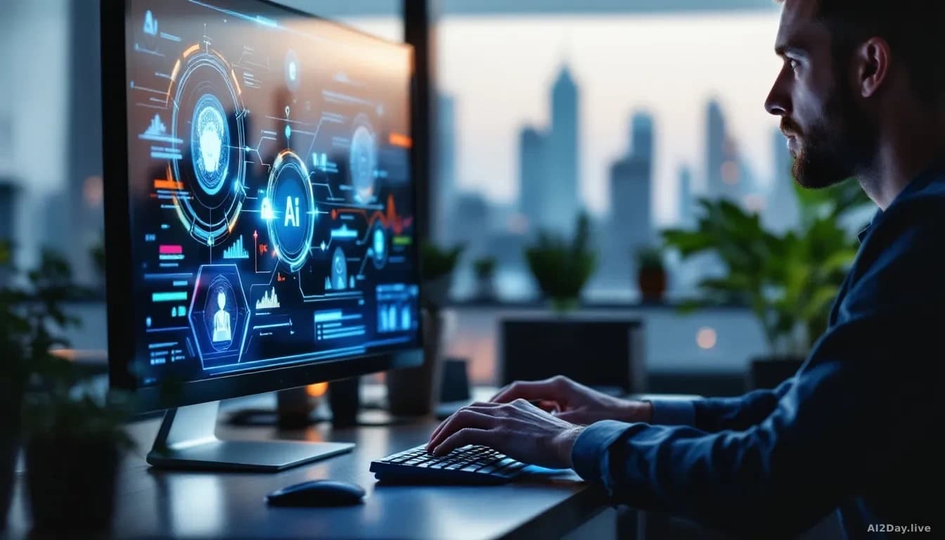 An office worker at their desk staring at a computer screen showing AI interface graphics, hands paused above keyboard, window with city skyline visible in back