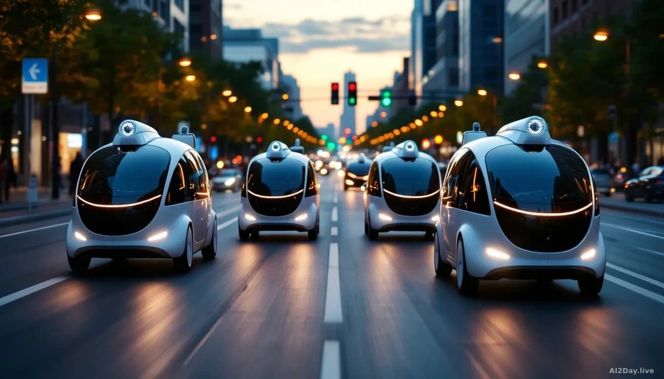Multiple autonomous vehicles with distinctive rounded designs navigating a busy urban street intersection at dusk, with streetlights and buildings reflected in 