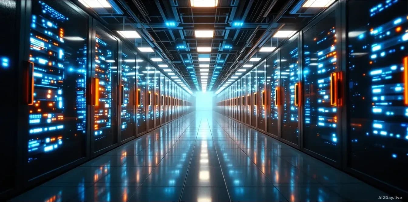 Vast server room with rows of gleaming data centre infrastructure, cooling systems, and fiber optic cables illuminated in blue and white light, shot from a low 