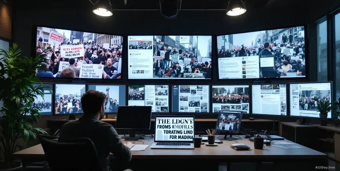 A newsroom or media office with multiple screens displaying archived video footage, social media posts, and tabloid newspaper layouts tracing a narrative's evol