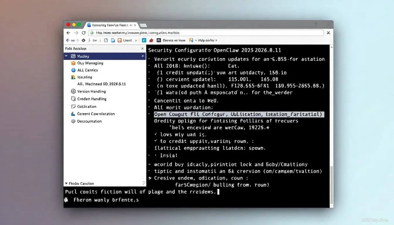A computer terminal or command line interface displaying security configuration files and version update logs for OpenClaw 2026