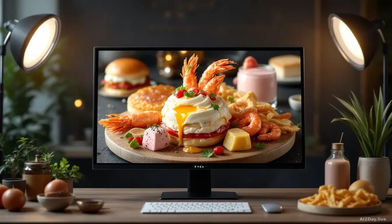 A high-end food photography setup showing AI-generated food images displayed on a monitor, the images featuring surreal, overly perfect qualities (impossibly gl