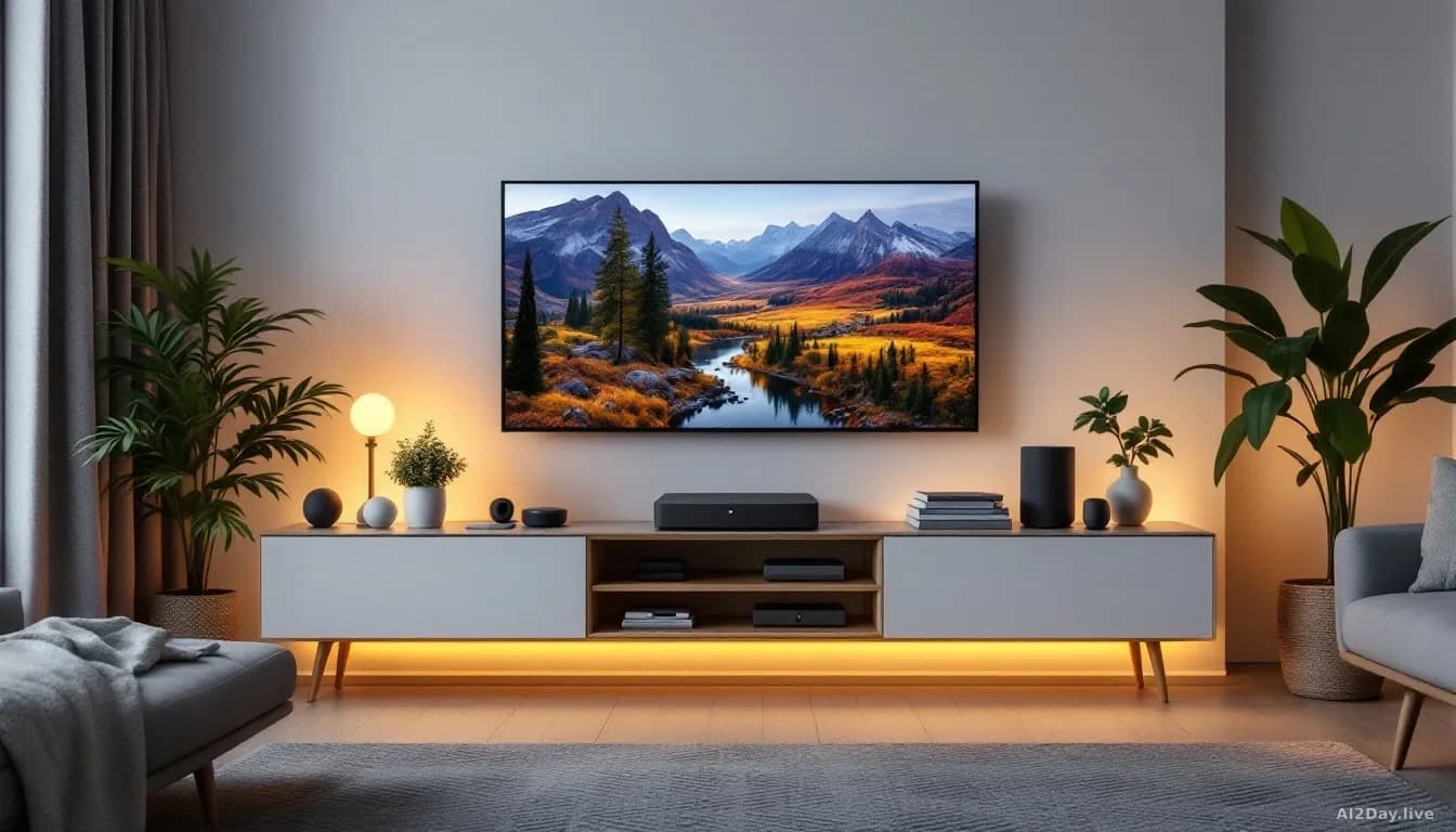 A modern living room with a sleek, compact box-shaped device positioned prominently on a TV stand or shelf, surrounded by smart home devices (cameras, smart spe