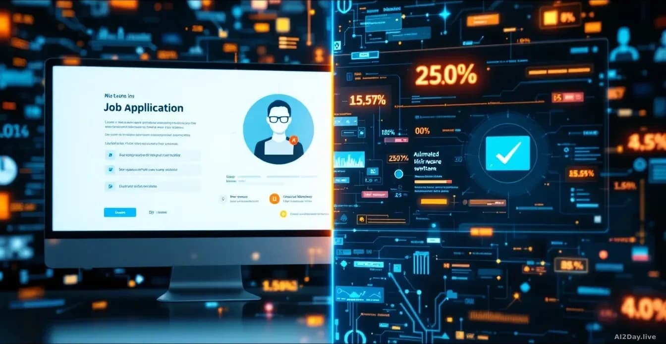 A split-screen showing a job application interface on one side and automated hiring software filtering tool on the other, both screens filled with algorithmic p