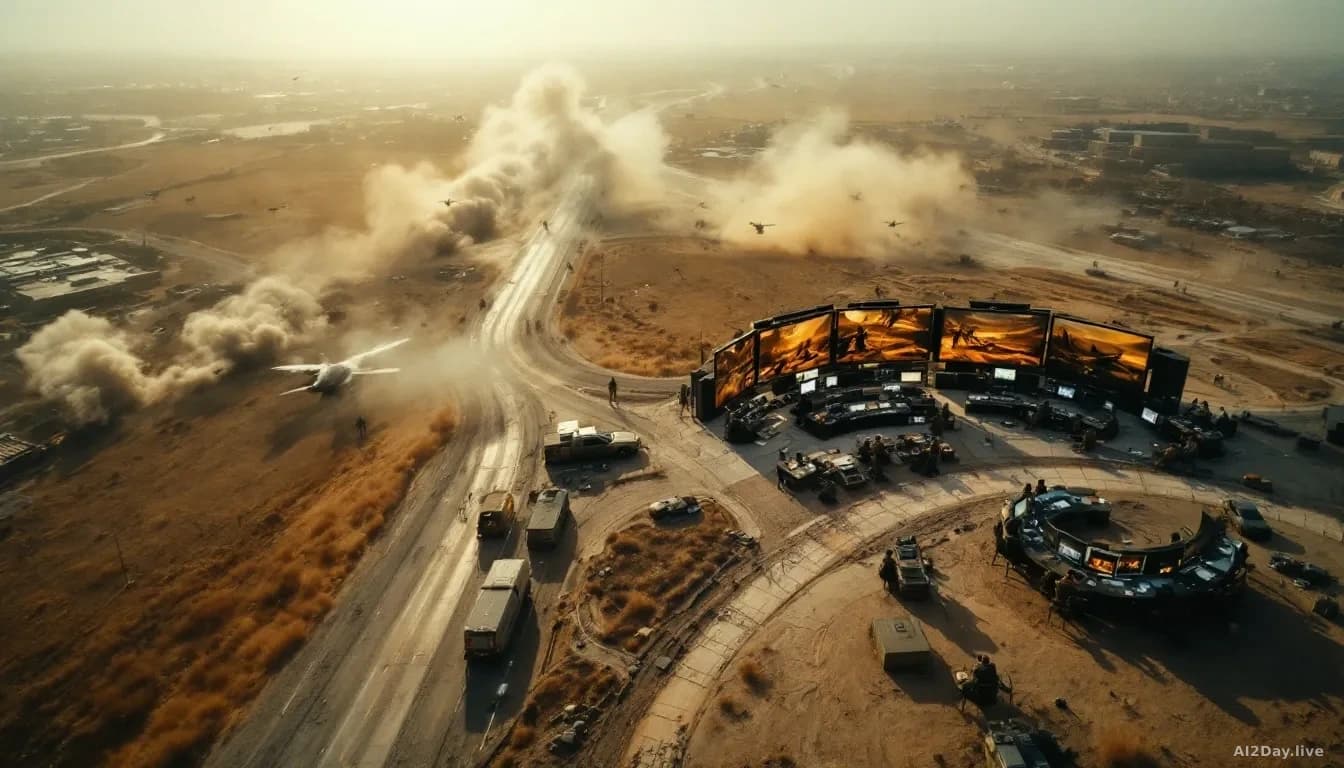 Aerial or drone footage showing a conflict zone landscape with military activity visible, multiple screens in a war room or operations center displaying this fo