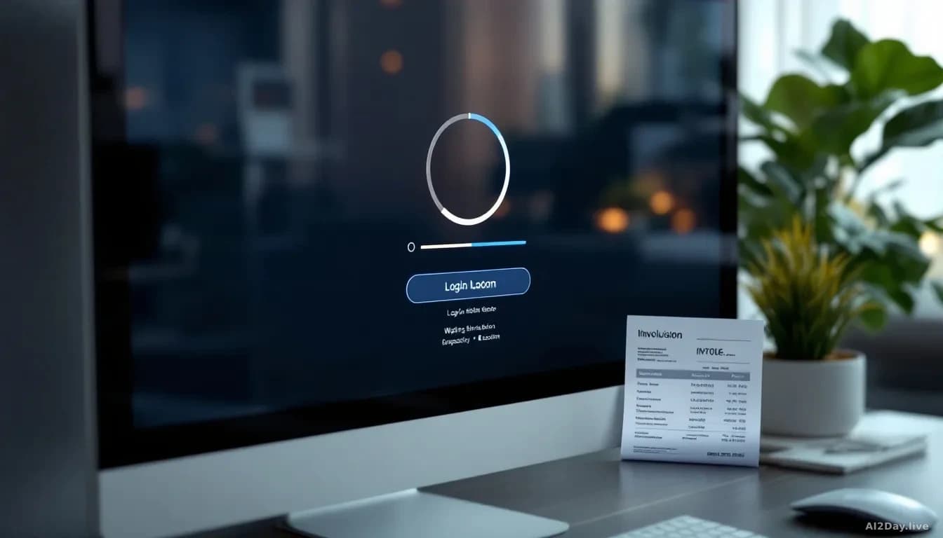 A computer login screen or waiting room interface displayed on a monitor, with a loading spinner or queue position indicator visible, a subscription billing inv