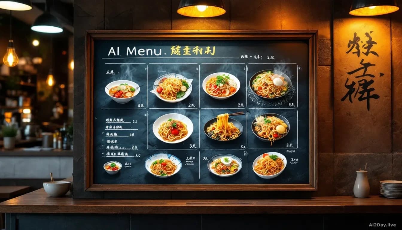 A restaurant menu board or photograph showing AI-generated food images: dishes with surreal, unsettling qualities—noodles in impossible configurations, melting 