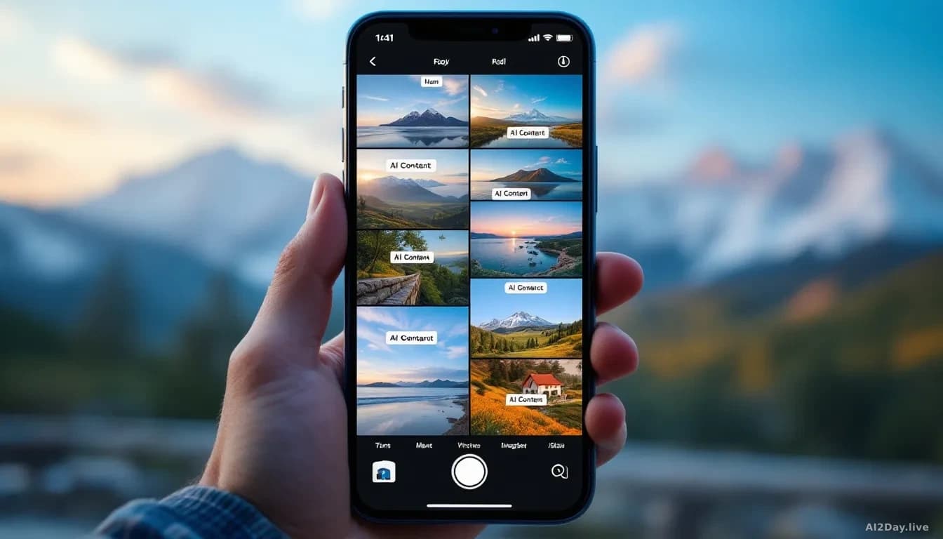 A smartphone camera roll displayed on screen showing a mix of photographs—some marked with 'AI Content' tags (ordinary vacation photos, landscapes) and unmarked