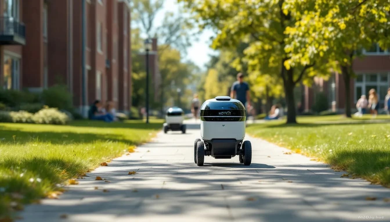 A college campus walkway with small six-wheeled delivery robots navigating between students, grass, and brick buildings on a sunny day, multiple robots visible 