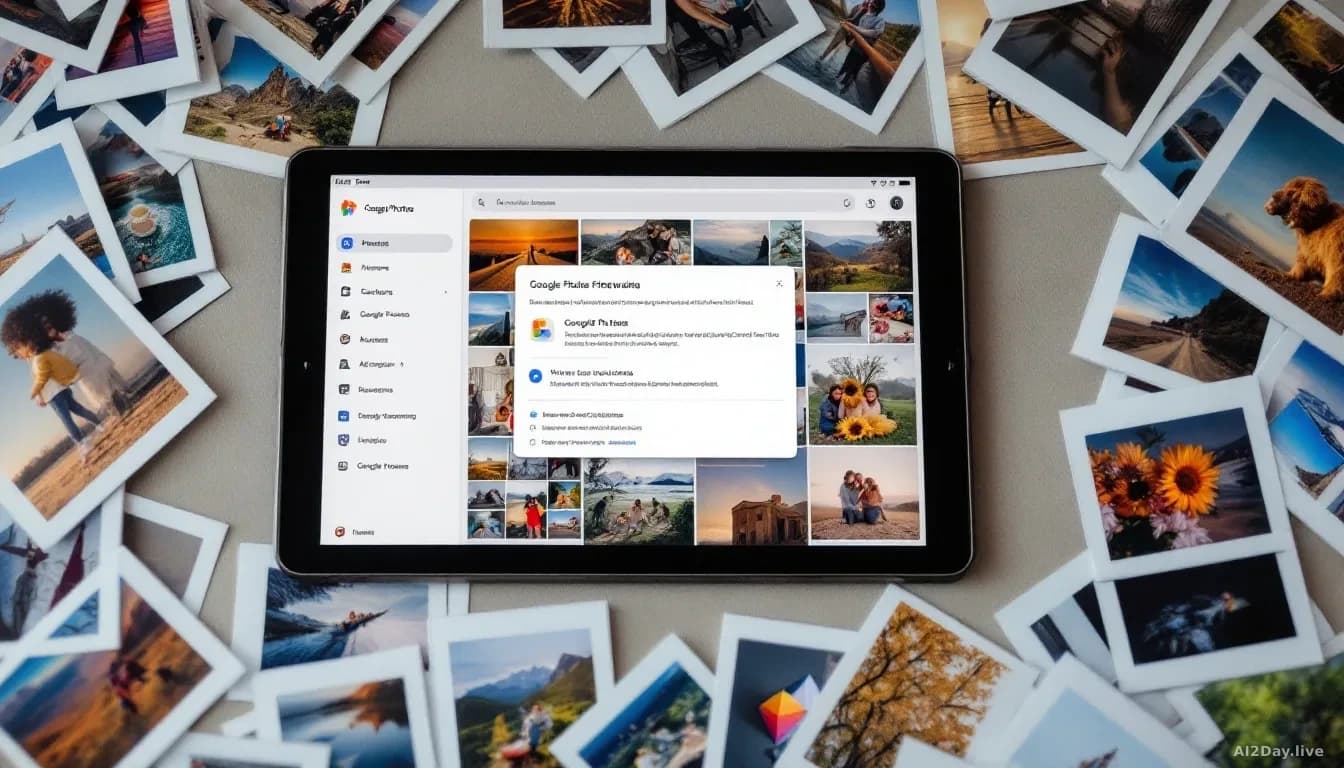 A tablet or phone screen displaying a Google Photos interface with dozens of thumbnail images, an AI assistant dialog box overlaid suggesting organizational opt