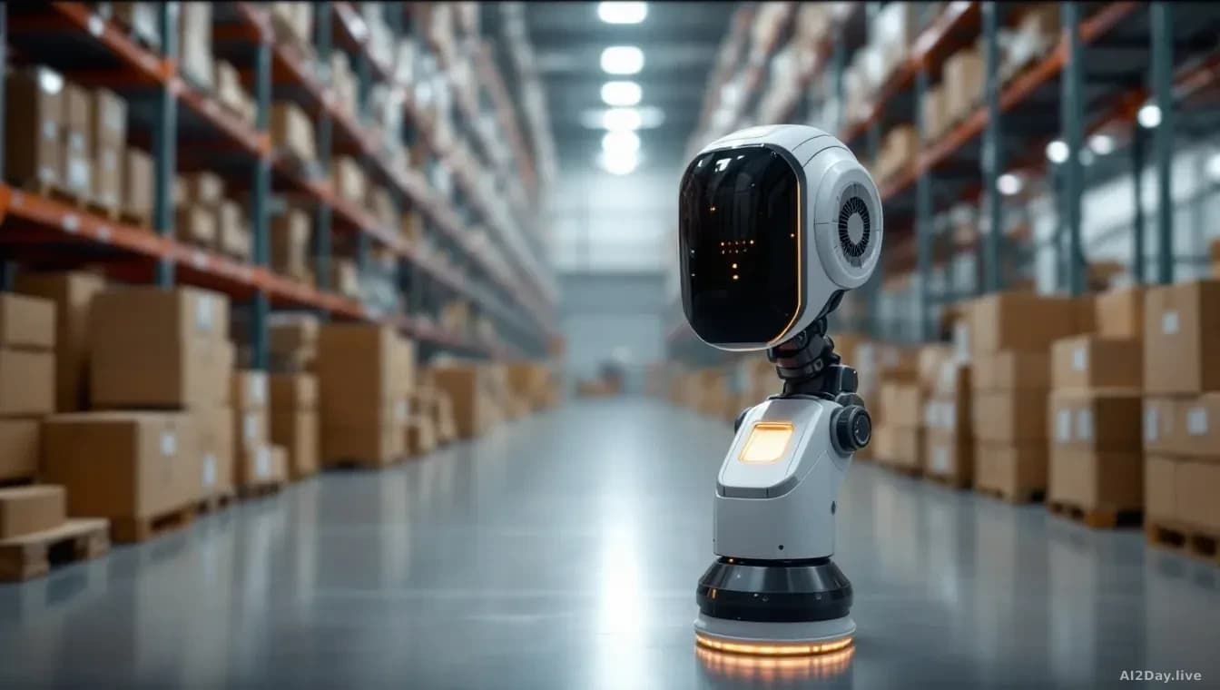 A warehouse floor with an industrial robot equipped with advanced sensing equipment (cameras, sensors, lidar arrays) positioned in front of shelving, the robot'