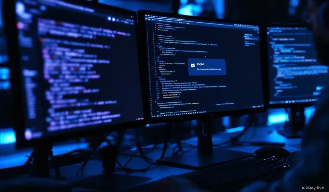 A computer workstation at night with multiple monitors displaying philosophical texts and academic papers, an inbox notification banner open on one screen, the 