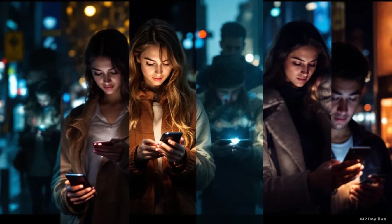Illustration: multiple people in different locations all staring at individual smartphone screens