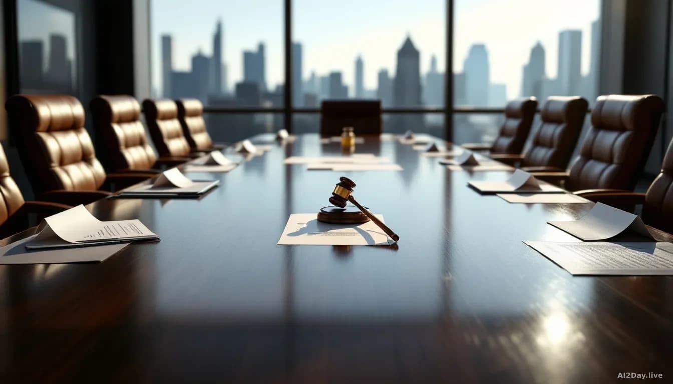 A polished boardroom table with leather chairs arranged in a circle, empty except for scattered documents and a single gavel, afternoon light streaming through 