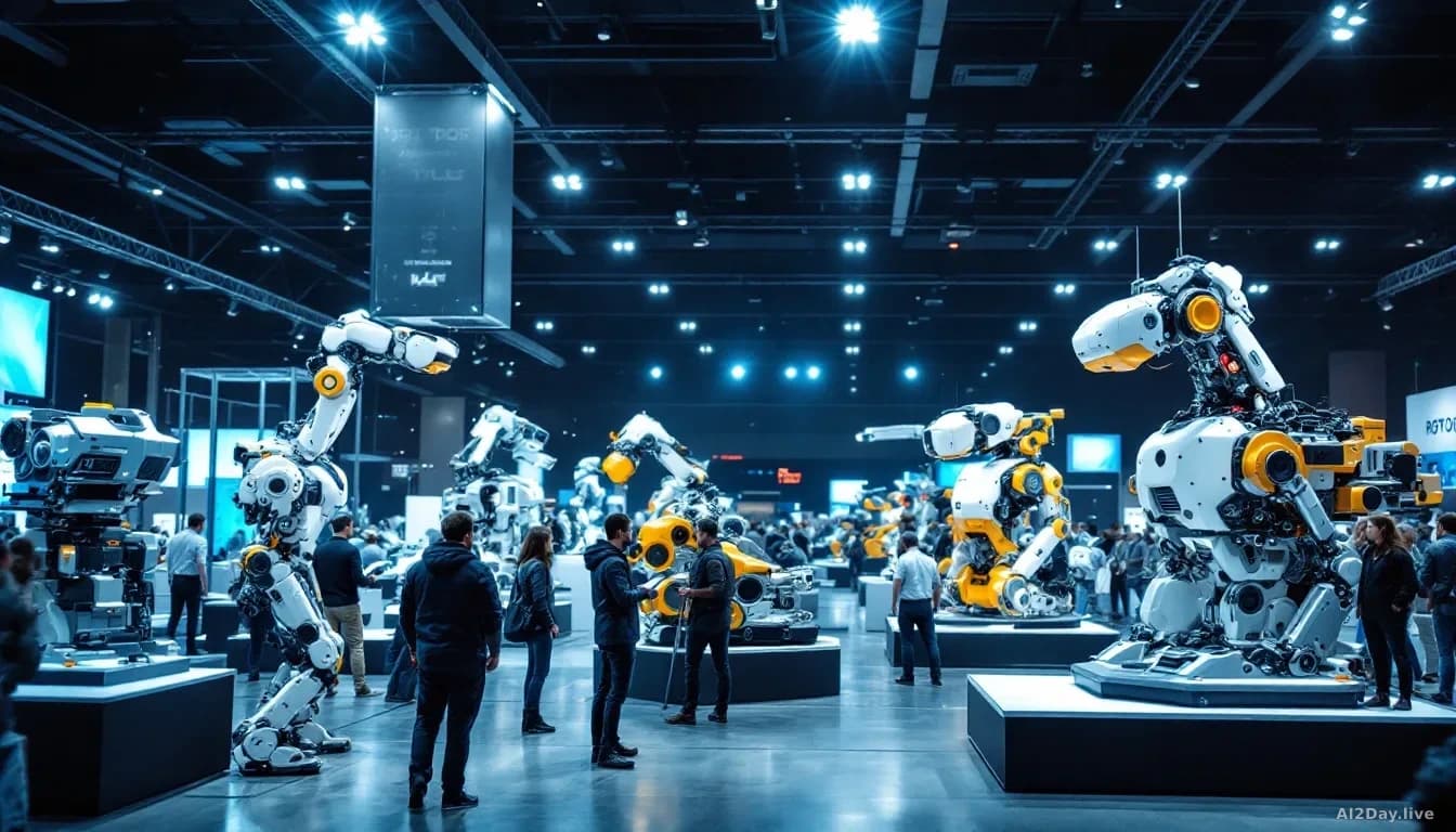 A robotics conference or expo hall with various prototype robots and mechanical systems on display, engineers demonstrating technology to interested visitors, b