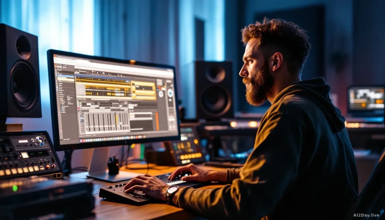 A music production studio with a producer at a workstation, computer displaying digital audio workstation software with AI tools visible, musical instruments pa